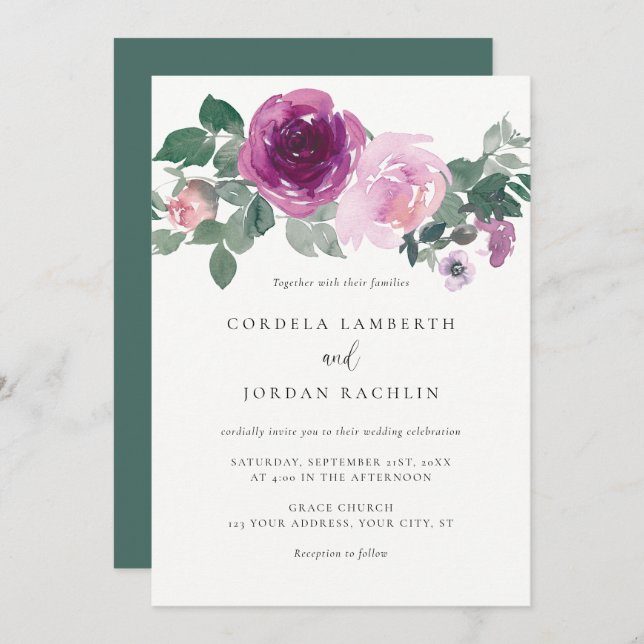 Magenta Blush Floral Arrangement Ivory Wedding Invitation (Front/Back)