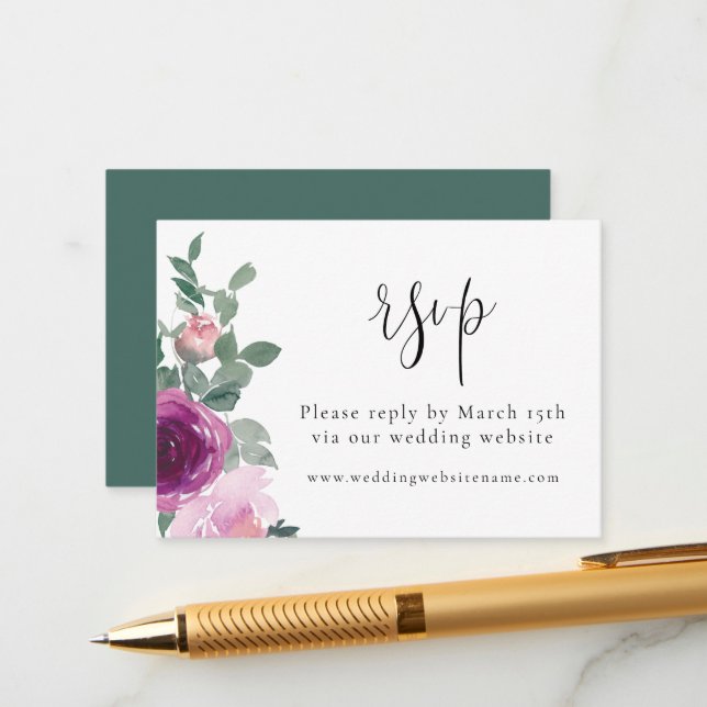 Magenta Blush Pink Floral White RSVP Enclosure Card (Front/Back In Situ)