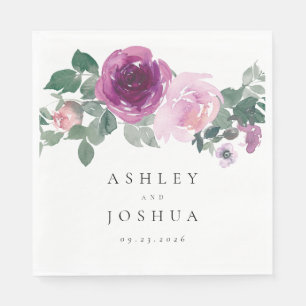Magenta Blush Watercolor Floral White Wedding Napkin