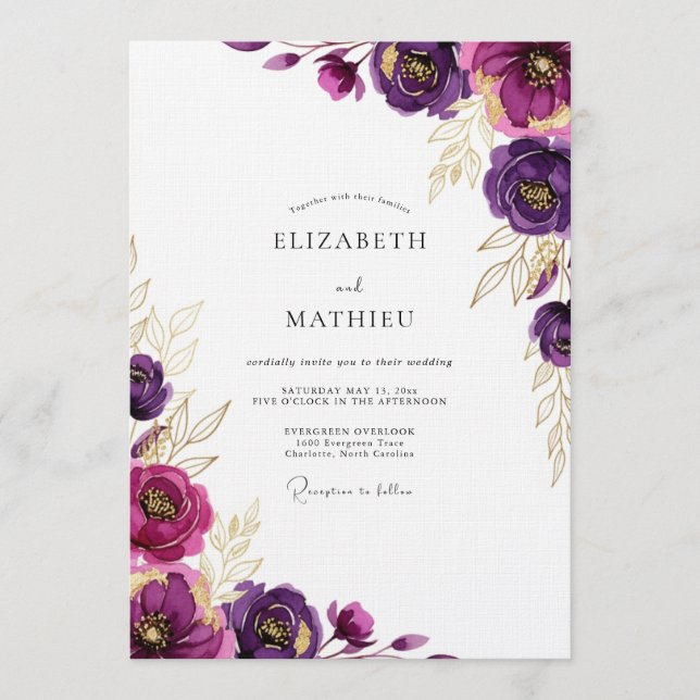 Magenta Botanical Brushstroke Wedding Invitation (Front)