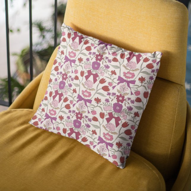 Magenta Bows and Blossoms Boho Throw Pillow (Creator Uploaded)