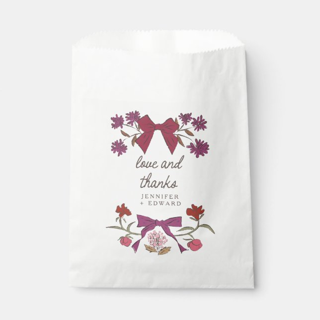 Magenta Bows and Blossoms Boho Wedding Favour Bag (Front)