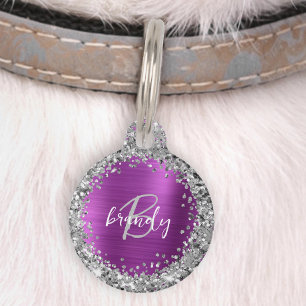 Magenta Brushed Metal Silver Glitter Monogram Pet Tag
