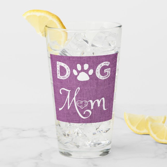 Magenta Burlap Dog Mom Glass Cup (Front Ice)