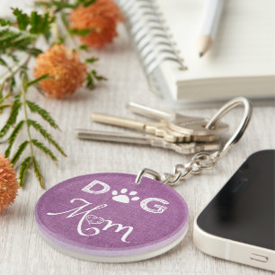 Magenta Burlap Dog Mom Keychain