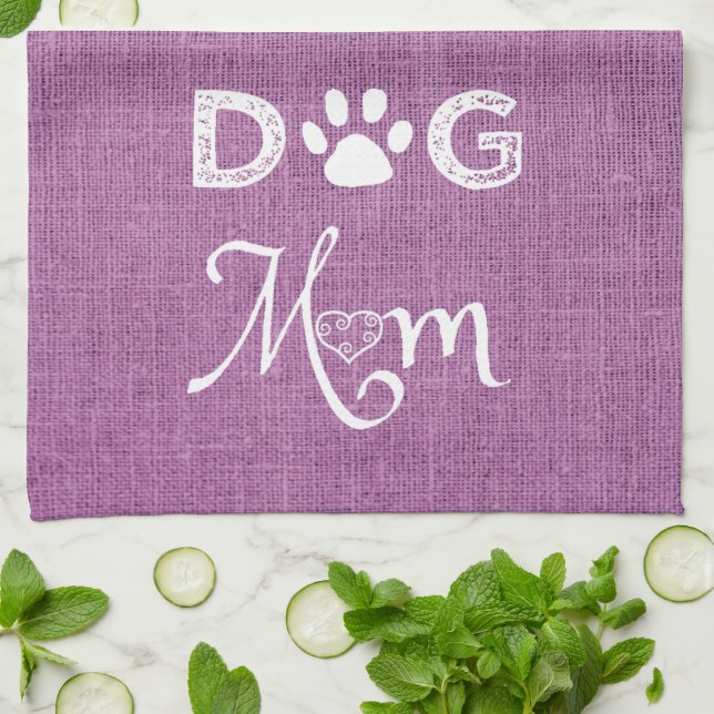 Magenta Burlap Dog Mom Kitchen Towel (Folded)