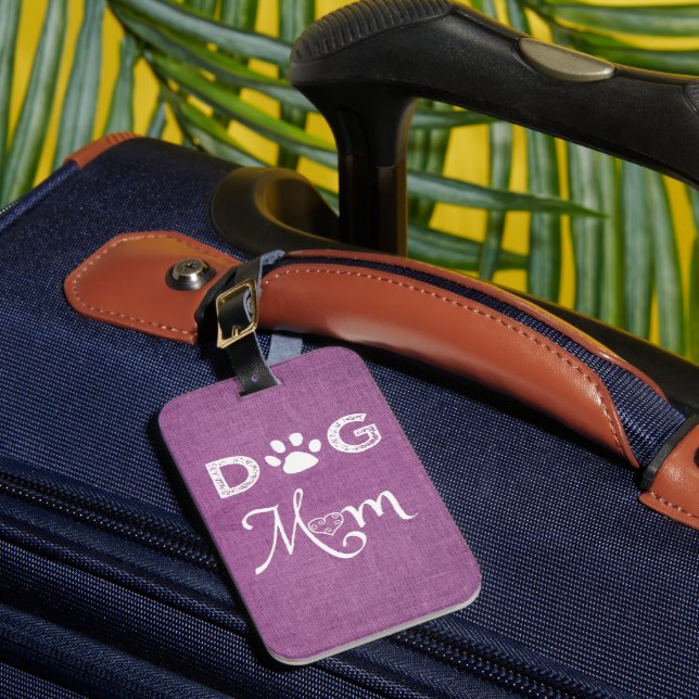 Magenta Burlap Dog Mom Luggage Tag (Front Insitu 1)