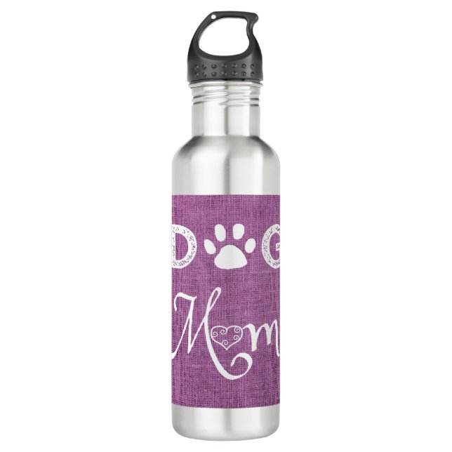 Magenta Burlap Dog Mom Water Bottle (Front)