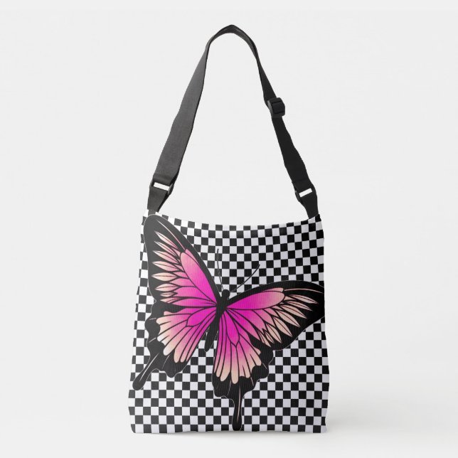 Magenta Butterfly Chequered Cross Body Tote Bag (Front)