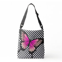 Magenta Butterfly Chequered Cross Body Tote Bag