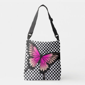 Magenta Butterfly Chequered Cross Body Tote Bag