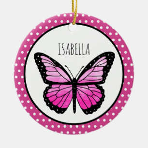 Magenta Butterfly Polka Dot Personalized  Ceramic Ornament