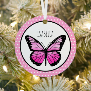 Magenta Butterfly Polka Dot Personalized  Metal Ornament