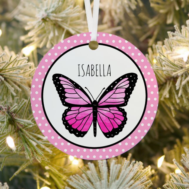 Magenta Butterfly Polka Dot Personalized  Metal Ornament (Insitu)