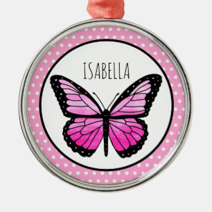 Magenta Butterfly Polka Dot Personalized Metal Ornament