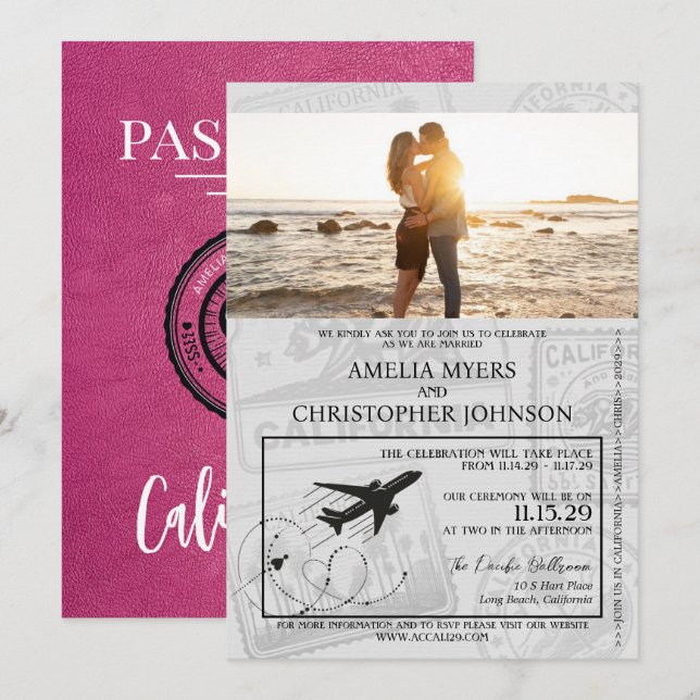 Magenta California Passport Wedding Invitation (Front/Back)