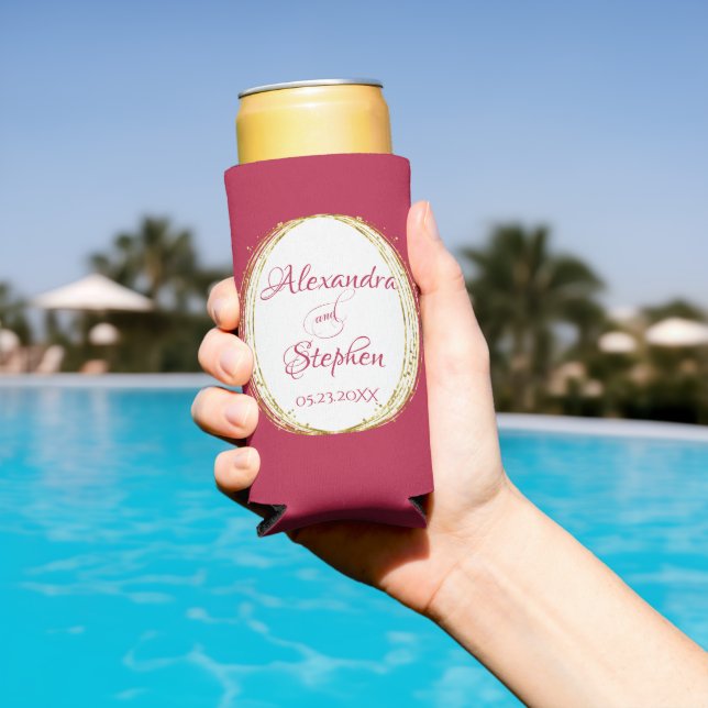Magenta Calligraphy Couple Name Monogram Wedding Seltzer Can Cooler (In Situ Pool)