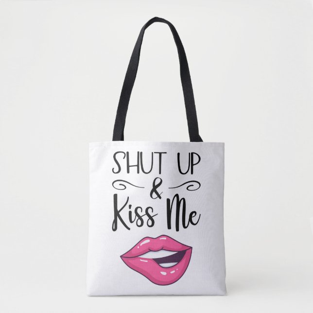 Magenta cartoon lips Shut up and kiss me white Tote Bag (Front)
