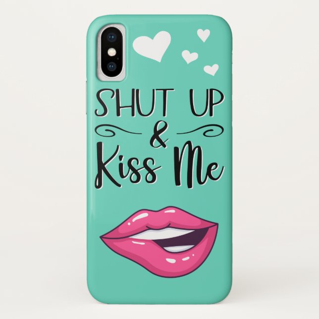 Magenta cartoon lips Shut up & kiss me aquamarine Case-Mate iPhone Case (Back)