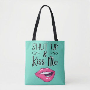 Magenta cartoon lips Shut up & kiss me aquamarine Tote Bag