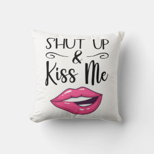 Magenta cartoon lips Shut up & kiss me white Throw Pillow