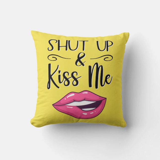 Magenta cartoon lips Shut up & kiss me yellow Throw Pillow (Front)