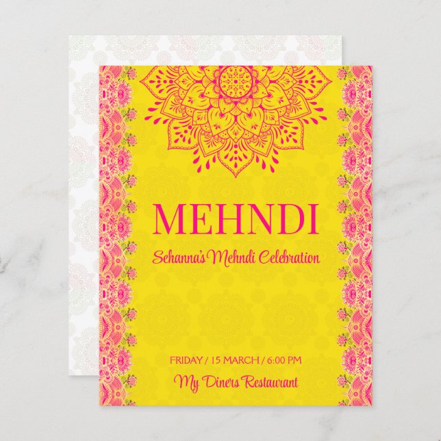 Magenta cerise bright yellow Mehndi budget invite (Front/Back)
