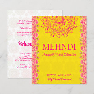 Magenta cerise bright yellow Mehndi budget invite