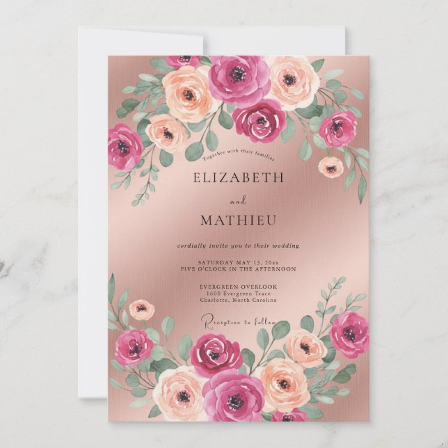 Magenta Champagne Blossom Wedding Invitation (Front)