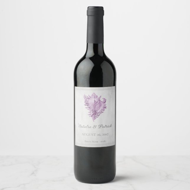 Magenta Conch Shell Wedding Wine Label (Front)