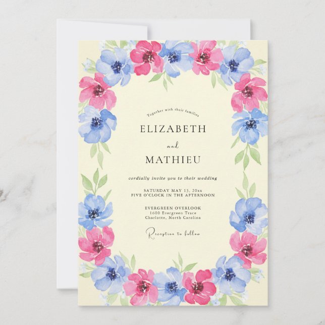 Magenta Cornflower Peony Wedding Invitation (Front)
