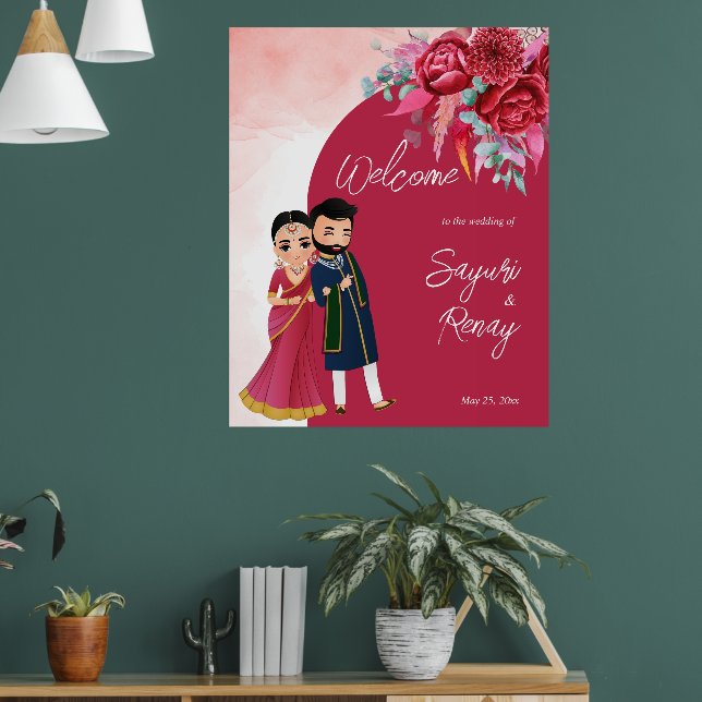 Magenta Cute Indian couple wedding welcome sign (Living Room 1)