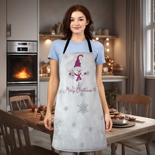 Magenta Cute Snowman Holiday Apron (Magenta Cute Snowman Holiday Apron)