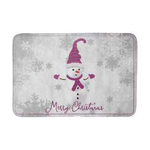 Magenta Cute Snowman Holiday Bath Mat