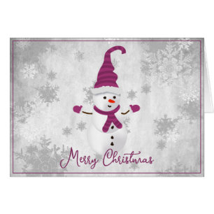 Magenta Cute Snowman Holiday Greeting Card