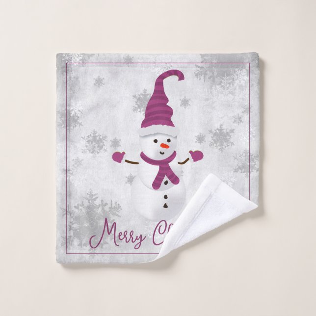Magenta Cute Snowman Holiday Towel Set (Wash Cloth)