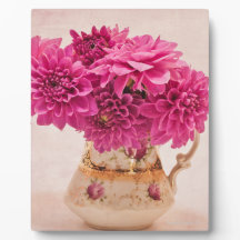 Magenta Dahlias In Vintage Vase Photo Plaque