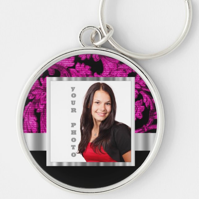 Magenta damask instagram photo template keychain (Front)