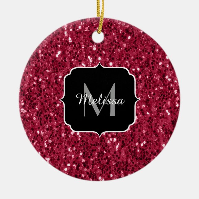 Magenta dark pink red sparkle glitter Monogram Ceramic Ornament (Front)