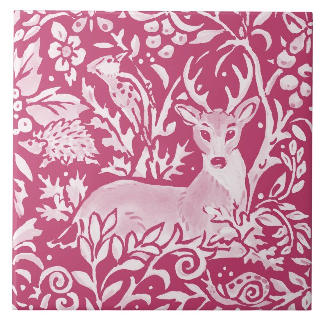 Magenta Deer Hedgehog Bird Nature Woodland Floral Tile (Front)