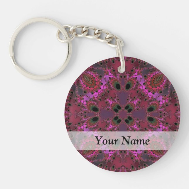 Magenta digital fractal pattern keychain (Front)