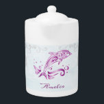 Magenta Dolphin Personalized<br><div class="desc">Enjoy your tea with a Magenta Dolphin Personalized Teapot.  Teapot design features a vibrant metallic dolphin against a muted seascape adorned elegant scrolls with an area to personalize with your name.  Additional gift items available with this design as well as a variety of colours.</div>