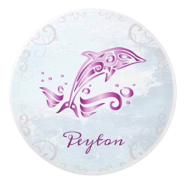Magenta Dolphin Personalized Ceramic Knob (Front)