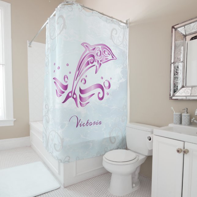 Magenta Dolphin Personalized Shower Curtain (In Situ)