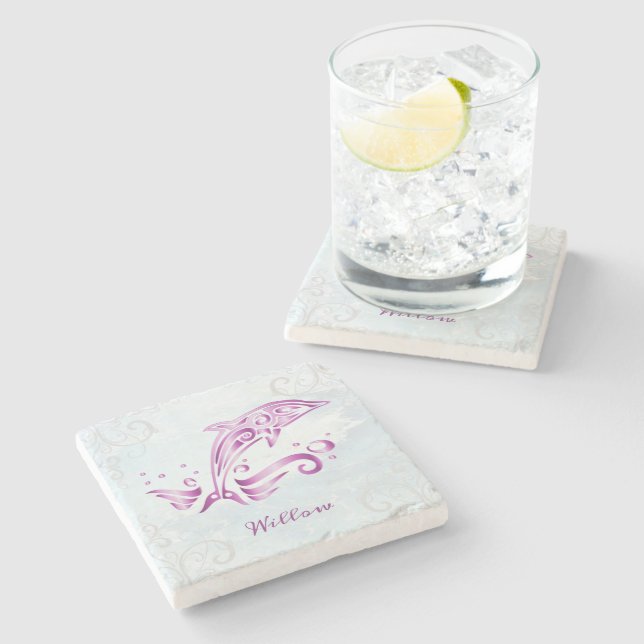 Magenta Dolphin Personalized Stone Coaster (Side)