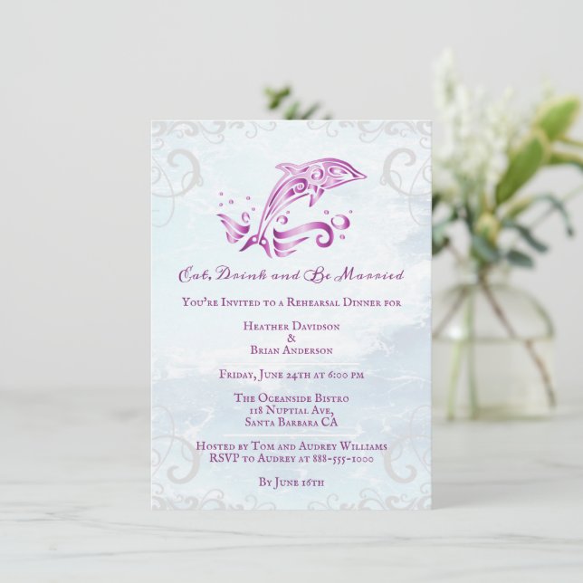 Magenta Dolphin Wedding Rehearsal Dinner Invitation (Standing Front)