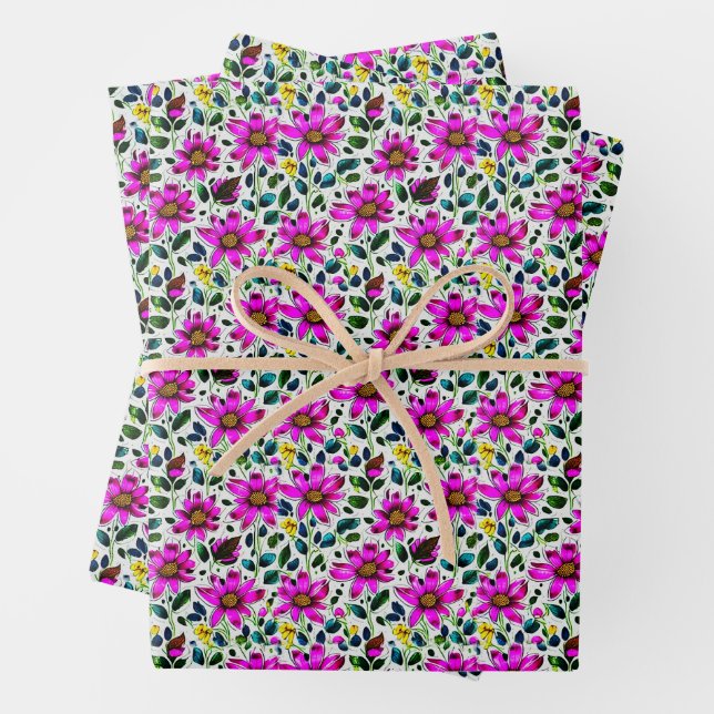 Magenta Doodle Flowers Wrapping Paper Sheet (In situ)