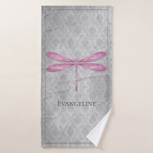 Magenta Dragonfly Damask Bath Towel Set