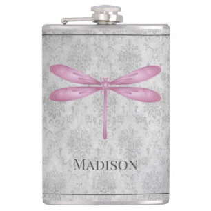 Magenta Dragonfly Damask Flask