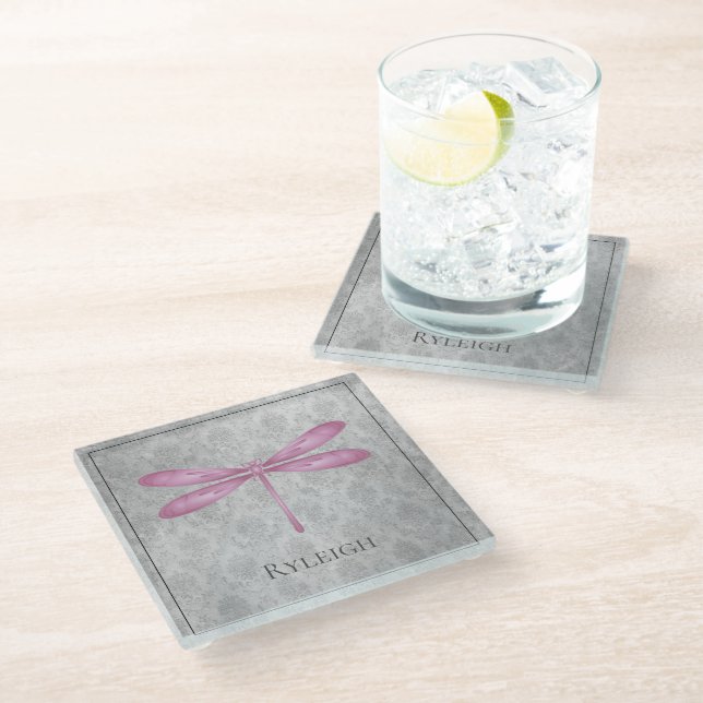 Magenta Dragonfly Damask Glass Coaster (Angled)